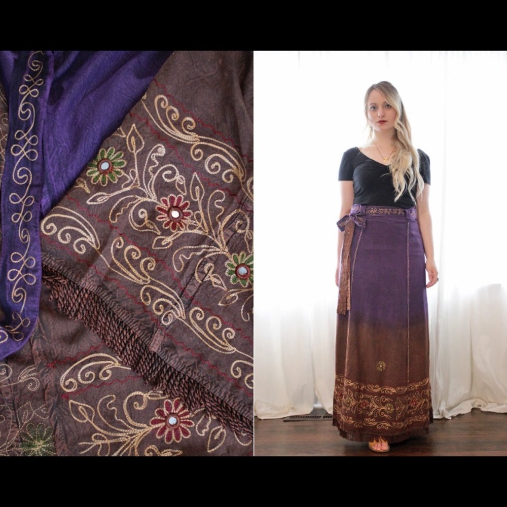 Vintage ombre purple brown embroidered mirror sequin fringe maxi wrap skirt